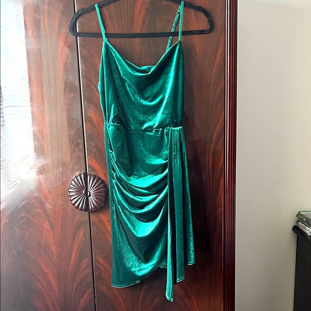 Lulu's Asymmetrical Green Satin Dress